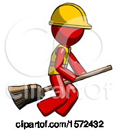 Red Construction Worker Contractor Man Flying On Broom
