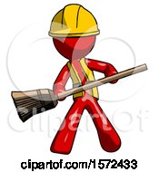 Red Construction Worker Contractor Man Broom Fighter Defense Pose