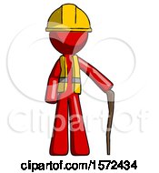 Red Construction Worker Contractor Man Standing With Hiking Stick