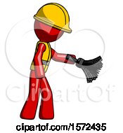 Poster, Art Print Of Red Construction Worker Contractor Man Dusting With Feather Duster Downwards