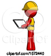 Poster, Art Print Of Red Construction Worker Contractor Man Looking At Tablet Device Computer With Back To Viewer