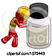 Poster, Art Print Of Red Construction Worker Contractor Man Pushing Large Medicine Bottle