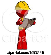 Red Construction Worker Contractor Man Reading Book While Standing Up Facing Away