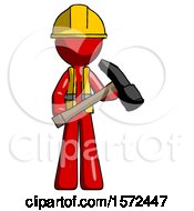 Poster, Art Print Of Red Construction Worker Contractor Man Holding Hammer Ready To Work