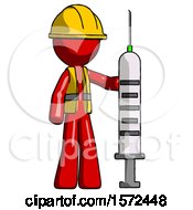 Red Construction Worker Contractor Man Holding Large Syringe