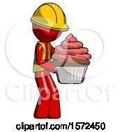 Poster, Art Print Of Red Construction Worker Contractor Man Holding Large Cupcake Ready To Eat Or Serve