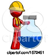 Poster, Art Print Of Red Construction Worker Contractor Man Standing Beside Large Round Flask Or Beaker