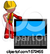 Poster, Art Print Of Red Construction Worker Contractor Man Beside Large Laptop Computer Leaning Against It