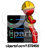 Poster, Art Print Of Red Construction Worker Contractor Man Resting Against Server Rack Viewed At Angle