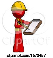 Poster, Art Print Of Red Construction Worker Contractor Man Using Clipboard And Pencil