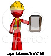 Poster, Art Print Of Red Construction Worker Contractor Man Showing Clipboard To Viewer
