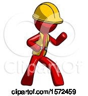 Poster, Art Print Of Red Construction Worker Contractor Man Martial Arts Defense Pose Right