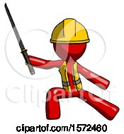 Red Construction Worker Contractor Man With Ninja Sword Katana In Defense Pose