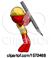 Poster, Art Print Of Red Construction Worker Contractor Man Stabbing Or Cutting With Scalpel