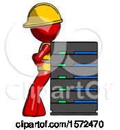 Red Construction Worker Contractor Man Resting Against Server Rack