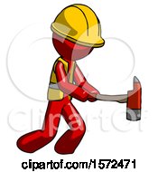 Poster, Art Print Of Red Construction Worker Contractor Man With Ax Hitting Striking Or Chopping