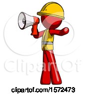 Poster, Art Print Of Red Construction Worker Contractor Man Shouting Into Megaphone Bullhorn Facing Left