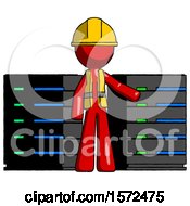 Poster, Art Print Of Red Construction Worker Contractor Man With Server Racks In Front Of Two Networked Systems