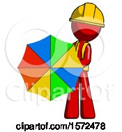 Poster, Art Print Of Red Construction Worker Contractor Man Holding Rainbow Umbrella Out To Viewer
