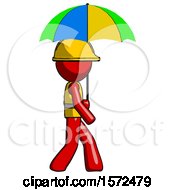 Poster, Art Print Of Red Construction Worker Contractor Man Walking With Colored Umbrella