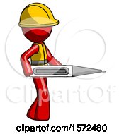 Poster, Art Print Of Red Construction Worker Contractor Man Walking With Large Thermometer