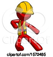 Poster, Art Print Of Red Construction Worker Contractor Man Karate Defense Pose Right