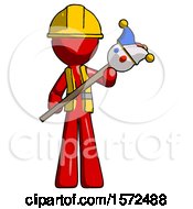 Poster, Art Print Of Red Construction Worker Contractor Man Holding Jester Diagonally