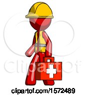 Red Construction Worker Contractor Man Walking With Medical Aid Briefcase To Left