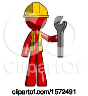 Red Construction Worker Contractor Man Holding Wrench Ready To Repair Or Work