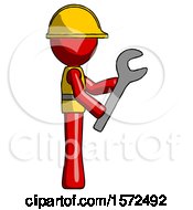 Poster, Art Print Of Red Construction Worker Contractor Man Using Wrench Adjusting Something To Right