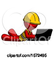 Poster, Art Print Of Red Construction Worker Contractor Man Using Laptop Computer While Lying On Floor Side Angled View