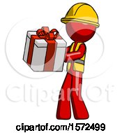 Poster, Art Print Of Red Construction Worker Contractor Man Presenting A Present With Large Red Bow On It