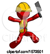 Poster, Art Print Of Red Construction Worker Contractor Man Psycho Running With Meat Cleaver