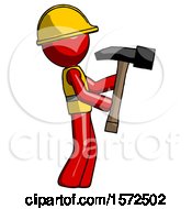 Poster, Art Print Of Red Construction Worker Contractor Man Hammering Something On The Right
