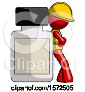 Red Construction Worker Contractor Man Leaning Against Large Medicine Bottle