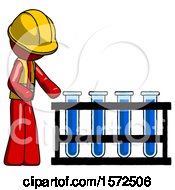 Poster, Art Print Of Red Construction Worker Contractor Man Using Test Tubes Or Vials On Rack