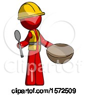 Poster, Art Print Of Red Construction Worker Contractor Man With Empty Bowl And Spoon Ready To Make Something