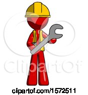 Red Construction Worker Contractor Man Holding Large Wrench With Both Hands