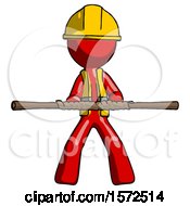 Poster, Art Print Of Red Construction Worker Contractor Man Bo Staff Kung Fu Defense Pose