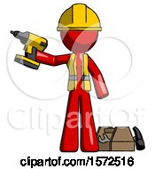 Poster, Art Print Of Red Construction Worker Contractor Man Holding Drill Ready To Work Toolchest And Tools To Right