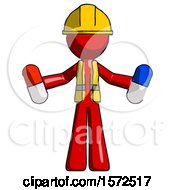 Poster, Art Print Of Red Construction Worker Contractor Man Holding A Red Pill And Blue Pill