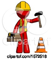 Poster, Art Print Of Red Construction Worker Contractor Man Under Construction Concept Traffic Cone And Tools