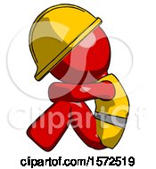 Red Construction Worker Contractor Man Sitting With Head Down Facing Sideways Left