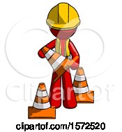 Poster, Art Print Of Red Construction Worker Contractor Man Holding A Traffic Cone