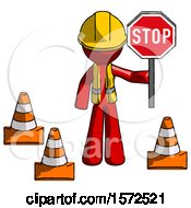 Poster, Art Print Of Red Construction Worker Contractor Man Holding Stop Sign By Traffic Cones Under Construction Concept