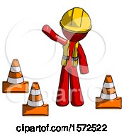 Poster, Art Print Of Red Construction Worker Contractor Man Standing By Traffic Cones Waving