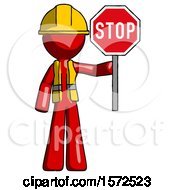 Red Construction Worker Contractor Man Holding Stop Sign