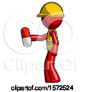 Red Construction Worker Contractor Man Holding Red Pill Walking To Left