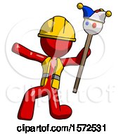 Poster, Art Print Of Red Construction Worker Contractor Man Holding Jester Staff Posing Charismatically