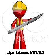 Poster, Art Print Of Red Construction Worker Contractor Man Holding Large Scalpel
